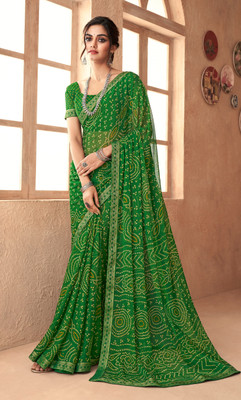 REBOOT FASHIONS Printed Bandhani Chiffon Saree(Green)