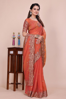 K 5 FASHION Embellished, Embroidered Bollywood Tissue Saree(Orange)