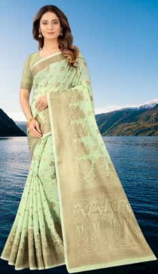 THESIYA FAB Printed, Self Design, Digital Print, Color Block, Blocked Printed, Woven, Checkered Bollywood Art Silk, Silk Blend Saree(Light Green)