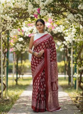 HG SAREES Printed Bollywood Mulmul Saree(Maroon)