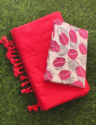 Fevinaa Solid/Plain, Printed, Floral Print Kalamkari Handloom Pure Cotton Saree(Red)