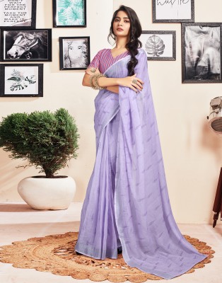 Samah Printed, Embellished, Striped Jamdani Cotton Blend Saree(Purple)