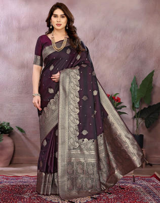YASHIKA Printed Banarasi Silk Blend Saree(Purple)