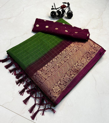 JJcreationn Checkered, Woven Bollywood Cotton Silk Saree(Green, Maroon)