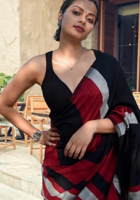 BRYNBRIT Printed Handloom Cotton Silk Saree(Black)