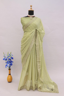 Aarya Fashion Applique Bollywood Lycra Blend Saree(Green)