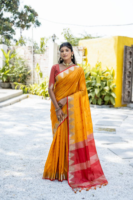 Bansari Textiles Printed Banarasi Cotton Blend, Jacquard Saree(Mustard)