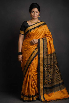 Sijileen Temple Border, Solid/Plain Sambalpuri Silk Blend Saree(Gold)