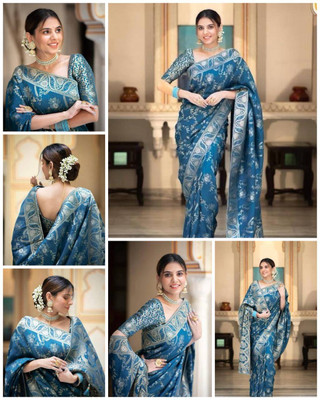 VK Enterprise Woven Banarasi Art Silk Saree(Blue, Silver)