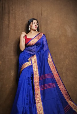 TheBongFashion Woven, Self Design, Solid/Plain Handloom Cotton Silk Saree(Dark Blue)