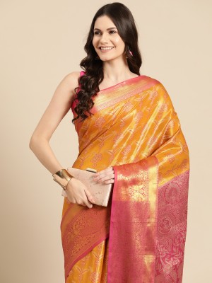 Tasrika Floral Print Banarasi Tissue Saree(Mustard)