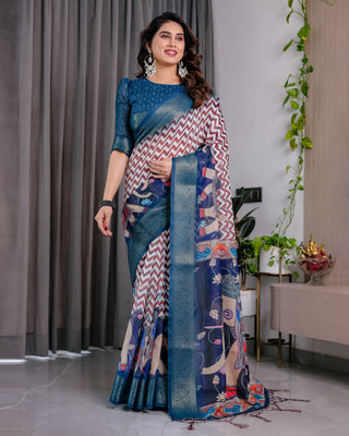 KB DESIGNER Printed, Woven, Floral Print Madhubani Linen Saree(Brown, Dark Blue)