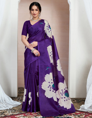 Samah Floral Print, Printed Daily Wear Cotton Blend Saree(Purple)