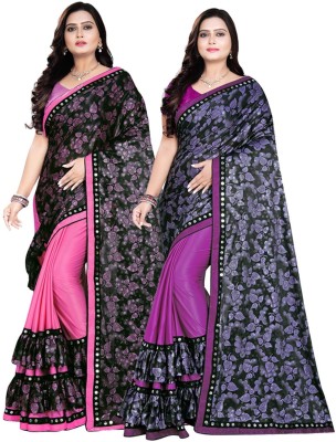 DECOFIN Embellished, Floral Print Bollywood Lycra Blend Saree(Pack of 2, Pink, Purple)