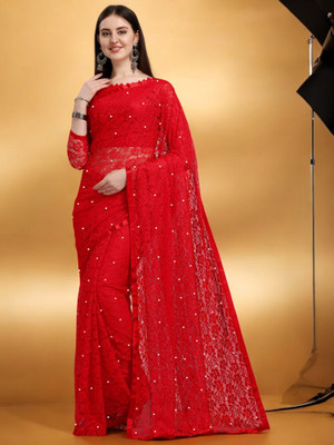 NORAFLEX Embroidered Bollywood Net Saree(Red)