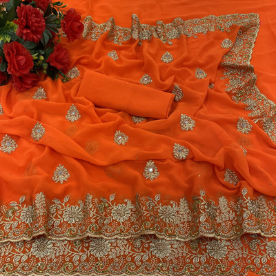 KanjiQueen Embroidered Bollywood Georgette Saree(Orange)
