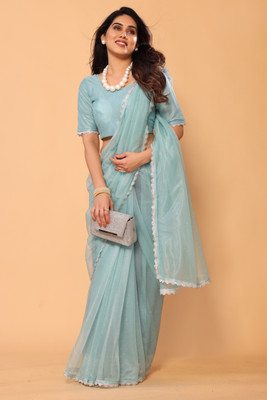 DWINIZAA STORE Solid/Plain, Woven Bollywood Net Saree(Blue)