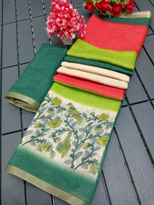 PRTRENDZ Floral Print Kanjivaram Linen, Cotton Linen Saree(Multicolor)