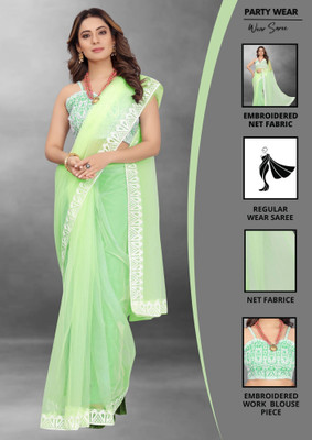 Barkiya Creation Embroidered Bollywood Net Saree(Light Green)