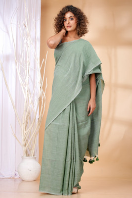 DHRITI Solid/Plain Handloom Cotton Blend Saree(Green)