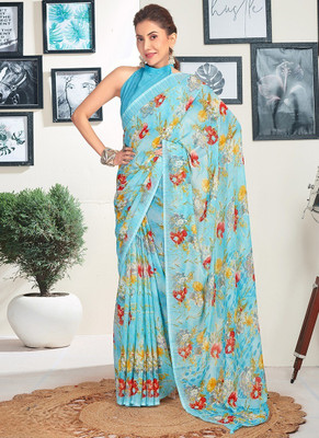 STYLEVEDA Printed Bollywood Georgette Saree(Light Blue)