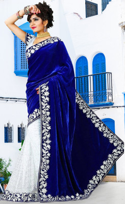 FabTag - Anugrah Textile Embroidered Banarasi Net, Velvet Saree(White, Blue)
