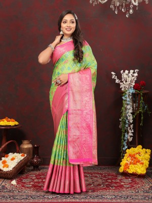 YUG ART Woven Banarasi Cotton Silk Saree(Light Green)