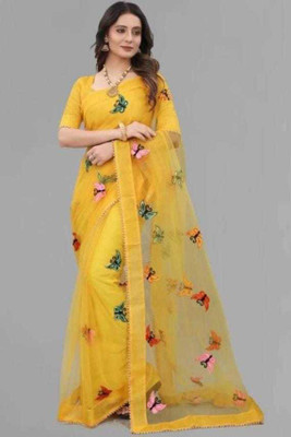 JAI BHAWANI TEX Embroidered Assam Silk Net Saree(Yellow)