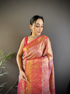 SHARDHA FASHION Woven, Embroidered, Embellished Banarasi Pure Silk Saree(Black, Yellow, Purple, Multicolor)