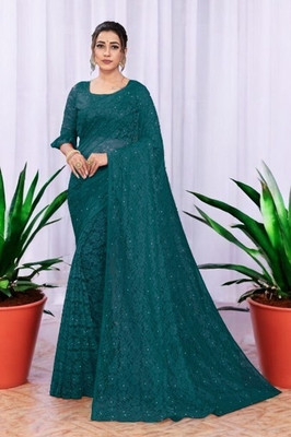 Nexxafashions Embellished Bollywood Net Saree(Green)
