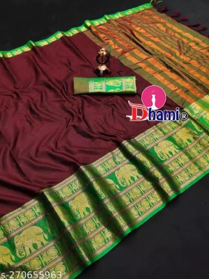 Dhami Applique, Woven, Embellished Narayanpet Cotton Silk Saree(Maroon)