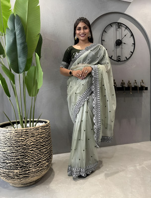 JAy Bajrang Creation Embellished Bollywood Nylon Saree(Grey, Black)