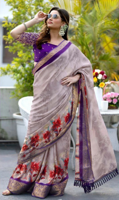 JIVI CLOTHING Printed Bollywood Cotton Blend Saree(Purple)