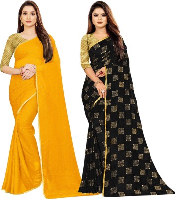 Florona Enterprise Printed Bollywood Chiffon Saree(Pack of 2, Black, Yellow)