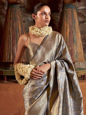 ANOUK Woven Kanjivaram Silk Blend Saree(Grey)