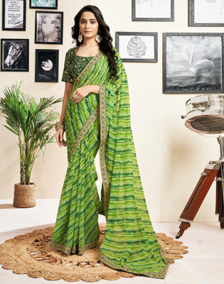 Satrani Printed, Embellished Leheria Georgette Saree(Light Green, Dark Green)