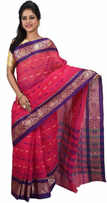 Desh Bidesh Self Design, Paisley, Woven, Embellished, Floral Print Tant Handloom Cotton Blend, Pure Cotton Saree(Pink)
