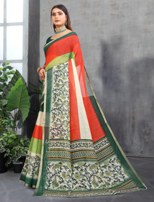 PRTRENDZ Printed Kanjivaram Pure Cotton, Cotton Linen Saree(Green)
