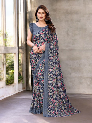 TTH Geometric Print Bollywood Georgette Saree(Grey)