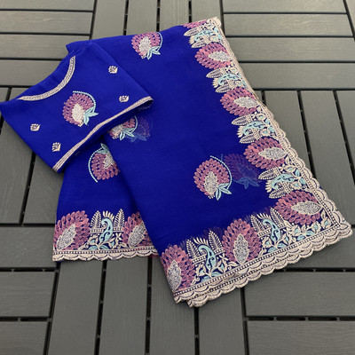 MIYANIFAB Embroidered Bollywood Silk Blend Saree(Blue)