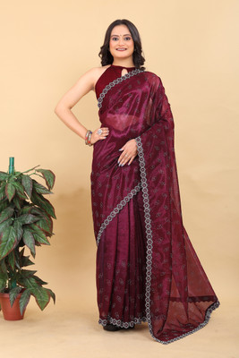KAVINA Embroidered Bollywood Net Saree(Maroon)