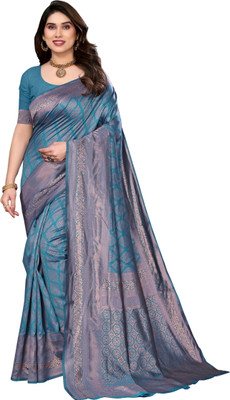 Shubh Mangalam Creation Floral Print Banarasi Jacquard Saree(Blue)
