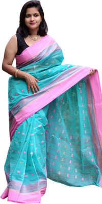 Adwaita Global Woven Tant Handloom Pure Cotton Saree(Light Blue)