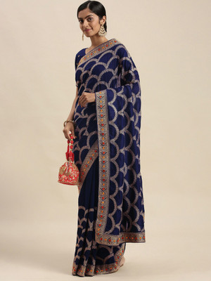 Sareemall Embellished Bollywood Silk Blend Saree(Dark Blue)