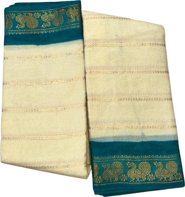 Prabanja Striped, Woven, Floral Print Handloom Handloom Pure Cotton Saree(Cream)