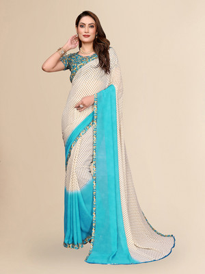Anand Sarees Printed Daily Wear Georgette Saree(Beige, Light Blue)