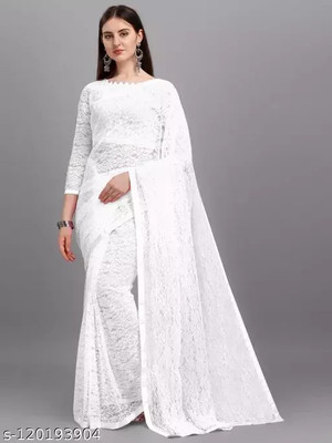 Fashion Field Dyed Bollywood Net Saree(White)