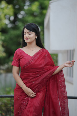 Tasrika Solid/Plain Bollywood Net Saree(Red)