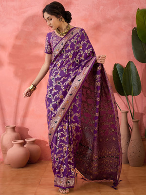 Sangria Woven Saree with Attached Blouse Jacquard Saree(Purple)