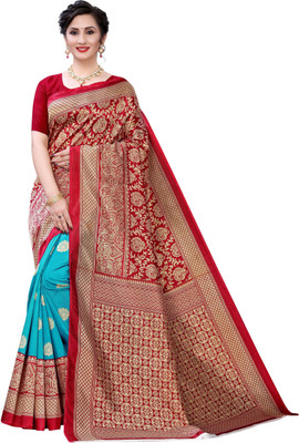 Grubstaker Printed Bollywood Art Silk Saree(Red, Light Blue)